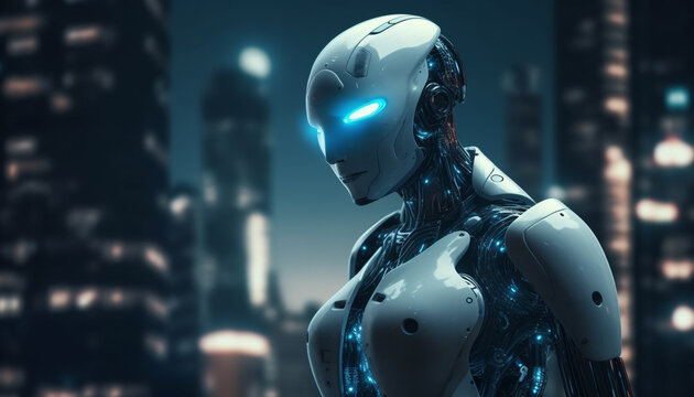 Futuristic cyborg women with robotic arm standing naked generated by AI