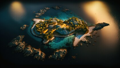 Fantasy meets serenity in this beautiful aerial Island Evening view featuring the tranquil hours, perfect as a background wallpaper for your devices Generative AI