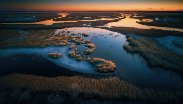 Serenity: A breathtaking aerial view of the tranquil Marsh Twilight during the serene hours, with a touch of fantasy, creating the perfect background wallpaper for your devices Generative AI