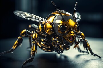 Fototapeta premium golden bee robot prototype, generative ai generated technology