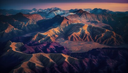 Serenity: A breathtaking aerial view of the tranquil Mountain range Twilight during the serene hours, with a touch of fantasy, creating the perfect background wallpaper for your devices Generative AI