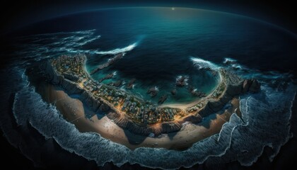 Majestic  Ocean Nighttime : A Stunning Aerial View with a Touch of Fantasy, Perfect as a Background Wallpaper for Your Devices. Breathtaking Serenity Captured in Every Detail Generative AI