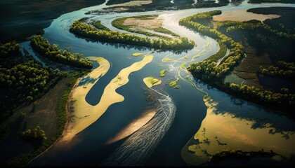 A breathtaking aerial view of the River Afternoon captured during the serene hours, with a touch of fantasy, making it the perfect background wallpaper for your devices Generative AI