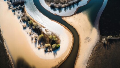 Fototapeta premium A breathtaking aerial view of the River Midday captured during the serene hours, with a touch of fantasy, making it the perfect background wallpaper for your devices Generative AI