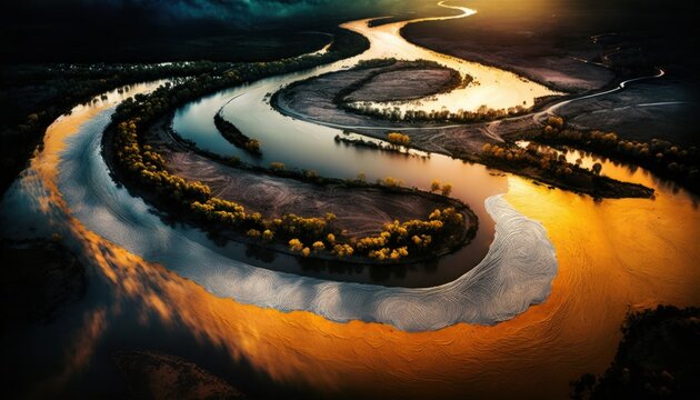 Serenity: A breathtaking aerial view of the tranquil River Evening during the serene hours, with a touch of fantasy, creating the perfect background wallpaper for your devices Generative AI