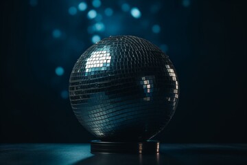 Fototapeta na wymiar Shimmering disco ball reflects onto blue backdrop. Generative AI