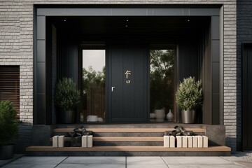 Black steel exterior door with gift boxes outside. Single house entrance in 3D rendering. Generative AI