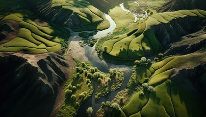 A breathtaking aerial view of the Valley Midday captured during the serene hours, with a touch of fantasy, making it the perfect background wallpaper for your devices Generative AI