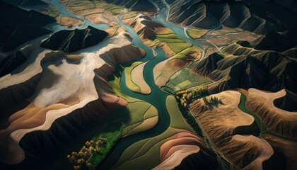 Serenity: A breathtaking aerial view of the tranquil Valley Midday during the serene hours, with a touch of fantasy, creating the perfect background wallpaper for your devices Generative AI