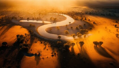 Fantasy meets serenity in this beautiful aerial Savanna Sunrise view featuring the tranquil hours, perfect as a background wallpaper for your devices Generative AI