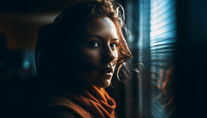 One beautiful woman smiling, looking at camera generated by AI