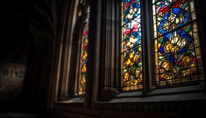 Obraz premium Stained glass illuminates ancient Gothic basilica spirituality generated by AI