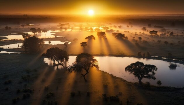 A breathtaking aerial view of the Savanna Sunrise captured during the serene hours, with a touch of fantasy, making it the perfect background wallpaper for your devices Generative AI