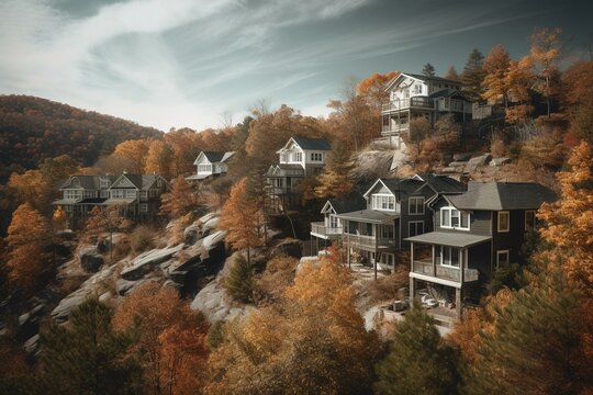 Scenic Fall View Of Mountaintop Homes. Generative AI