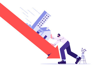 Housing price falling down, real estate and property crash, value drop or decline, home loan or mortgage risk concept, investor push falling housing on graph