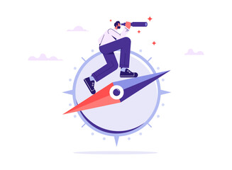 Business guidance direction or opportunity, make decision for business direction, finding investment opportunity, leadership or visionary concept, businessman with binocular and compass