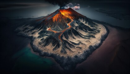 Fantasy meets serenity in this beautiful aerial Volcano Evening view featuring the tranquil hours, perfect as a background wallpaper for your devices Generative AI