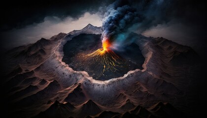 Majestic  Volcano Midnight : A Stunning Aerial View with a Touch of Fantasy, Perfect as a Background Wallpaper for Your Devices. Breathtaking Serenity Captured in Every Detail Generative AI