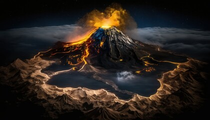 A breathtaking aerial view of the Volcano Nighttime captured during the serene hours, with a touch of fantasy, making it the perfect background wallpaper for your devices Generative AI