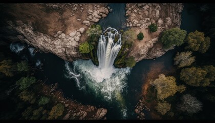 Fantasy meets serenity in this beautiful aerial Waterfall Afternoon view featuring the tranquil hours, perfect as a background wallpaper for your devices Generative AI