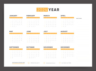 2024 one page calendar template. Annual work organizer for 2024 year. 2024 one page vector schedule calendar horizontal ready to print minimal design.