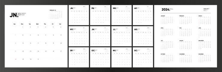 Square Calendar 2024. Calendar 2024 week starts Sunday. Set of ready to print monthly square pages. Corporate minimal square design 2024 calendar.