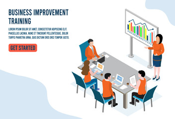 Isometric businesswoman lead and present businesspeople for training business plan and goals