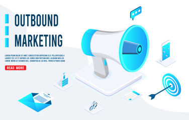 Outbound marketing isometric design. Online and offline or interruption and permission marketing