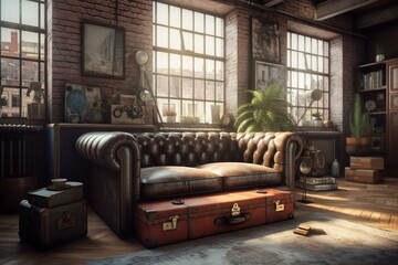3D rendering of vintage loft interior with sofa and locker. Generative AI