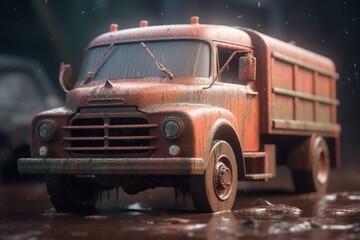 Retro truck in 3D, rusty red and isolated. Generative AI