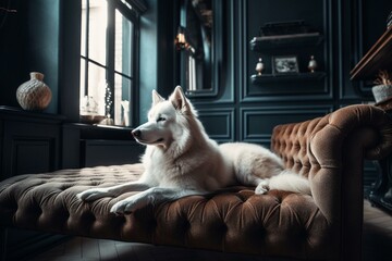 Fototapeta na wymiar Canine pet lounging in household interior. Generative AI