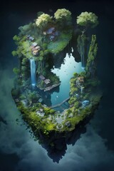 (2:3) breathtaking aerial view of the colorful floating island in the sky with magical floating gardens and waterfalls Midnight captured during the serene hours, with a touch of fantasy Generative AI