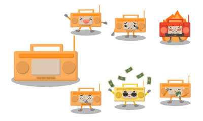 Radio transister cartoon characters in various posing and emotional such as happy, sad, angry, laughing, rich, hot.