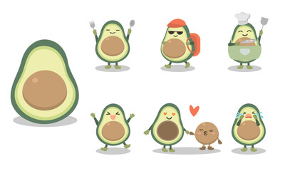 Avocado fruit character or mascot in different pose and activities.