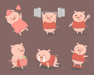 Pig characters of various professions and emotions such as sleeping, exercising, barbell, greeting, shopping, crying, skateboarding.