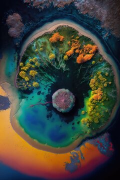 (2:3) Majestic colorful colorful, otherworldly planet with unique florand faunTwilight : A Stunning Aerial View with a Touch of Fantasy. Breathtaking Serenity Captured Generative AI © Get Stock
