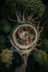 (2:3) Majestic colorful giant tree with spiral staircase leading up to magical treehouse Afternoon : A Stunning Aerial View with a Touch of Fantasy. Breathtaking Serenity Captured Generative AI