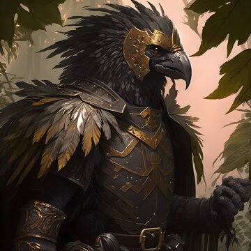 blackfeathered aarakocra paladin with bronze armor with sun designs on it dungeons and dragons character dnd art detailed 
