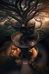 (2:3) Fantasy meets colorful serenity in this beautiful aerial giant tree with spiral staircase leading up to magical treehouse Sunrise view featuring the tranquil hours Generative AI