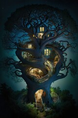(2:3) Fantasy meets colorful serenity in this beautiful aerial giant tree with spiral staircase leading up to magical treehouse Twilight view featuring the tranquil hours Generative AI