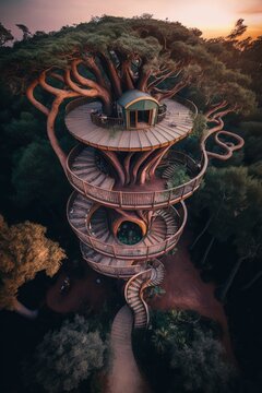 (2:3) Majestic colorful giant tree with spiral staircase leading up to magical treehouse Sunrise : A Stunning Aerial View with a Touch of Fantasy. Breathtaking Serenity Captured Generative AI
