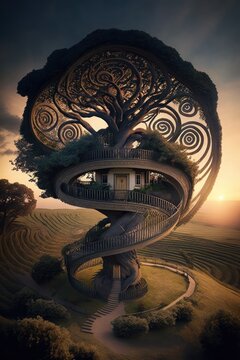 (2:3) Colorful Serenity: A breathtaking aerial view of the tranquil giant tree with spiral staircase leading up to magical treehouse Sunset during serene hours, with fantasy Generative AI