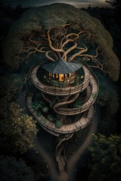 (2:3) breathtaking aerial view of the colorful giant tree with spiral staircase leading up to magical treehouse Twilight captured during the serene hours, with a touch of fantasy Generative AI