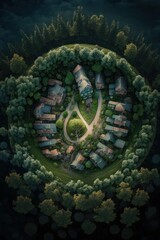 Obraz na płótnie Canvas (2:3) Fantasy meets colorful serenity in this beautiful aerial hidden fairy village deep in the woods Midday view featuring the tranquil hours Generative AI