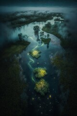 Obraz premium (2:3) Colorful Serenity: A breathtaking aerial view of the tranquil misty and mysterious swamp with fireflies lighting the way Afternoon during serene hours, with fantasy Generative AI