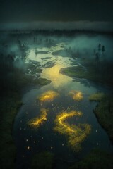 Fototapeta na wymiar (2:3) breathtaking aerial view of the colorful misty and mysterious swamp with fireflies lighting the way Evening captured during the serene hours, with a touch of fantasy Generative AI
