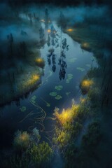 Fototapeta na wymiar (2:3) Colorful Serenity: A breathtaking aerial view of the tranquil misty and mysterious swamp with fireflies lighting the way Evening during serene hours, with fantasy Generative AI