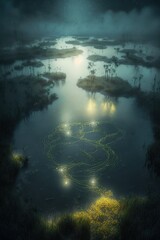 Obraz premium (2:3) breathtaking aerial view of the colorful misty and mysterious swamp with fireflies lighting the way Midday captured during the serene hours, with a touch of fantasy Generative AI