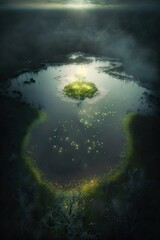 (2:3) Majestic colorful misty and mysterious swamp with fireflies lighting the way Midday : A Stunning Aerial View with a Touch of Fantasy. Breathtaking Serenity Captured Generative AI