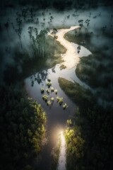 (2:3) Colorful Serenity: A breathtaking aerial view of the tranquil misty and mysterious swamp with fireflies lighting the way Midday during serene hours, with fantasy Generative AI